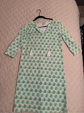 Green Palm Print V-Neck Tunic Dress
